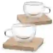 Kit 2 Xícaras Vidro Borossilicato Parede Dupla 60ml com Suporte Bambu