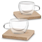 Kit 2 Xícaras Vidro Borossilicato Parede Dupla 60ml com Suporte Bambu