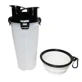 Garrafa Dupla com Divisão Porta Ração e Água para Pets com Pote Retrátil com Tampa e Alça Mosquetão Cor Branca