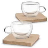 Kit 2 Xícaras Vidro Borossilicato Parede Dupla 60ml com Suporte Bambu