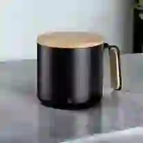 Caneca em Inox com Tampa de Bambu Parede Dupla 380ml Preta