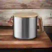 Caneca em Inox com Tampa de Bambu Parede Dupla 380ml Prata