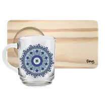 Caneca de Vidro com Suporte de Madeira - Mandala