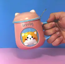 Caneca Porcelana 3D com Tampa e Colher Gatinho Rosa