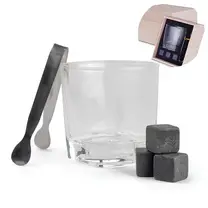 Kit Copo para Whisky + Pegador de Gelo + 3 Cubos de Pedra-sabão e Caixa de Madeira