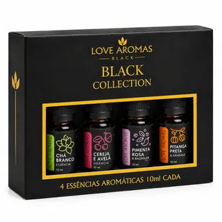 Kit 4 Essências Aromáticas Black Collection 10ml Chá Branco Cereja e Avelã Pimenta Rosa e Whisky Pitanga Preta