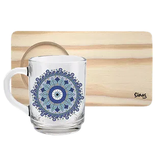Caneca de Vidro com Suporte de Madeira - Mandala