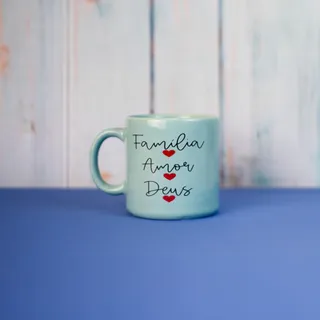 Caneca de Porcelana Turquesa - Família, Amor e Deus