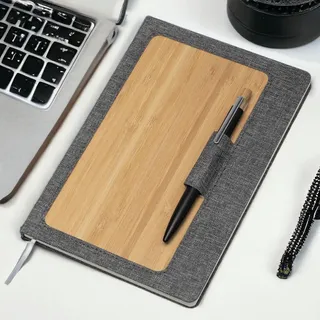 Caderno Com Capa Dura em Bambu com Suporte de Caneta Cinza