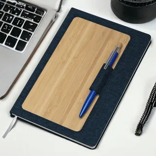 Caderno Com Capa Dura em Bambu com Suporte de Caneta Azul