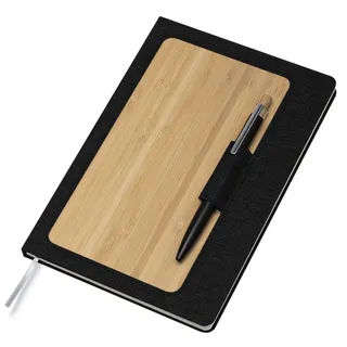 Caderno Com Capa Dura em Bambu com Suporte de Caneta Preto