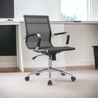 Cadeira de Escritório Diretor em Tela Mesh Preta com Braços Cromados