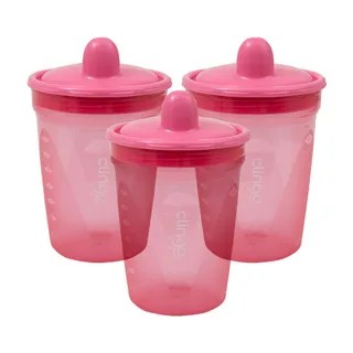 Kit com 3 Copos de Transição Clingo Rosa - Bico Rígido, Anti-Vazamento