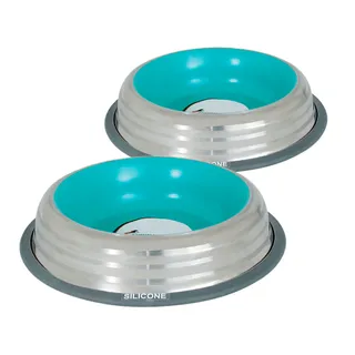 Kit 2 Comedouros Inox Premium Azul 210ml com Base de Silicone Cães e Gatos