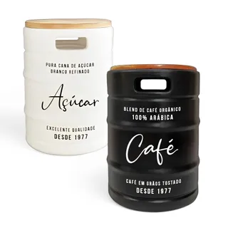 Kit Bancos Barris de Café e Açúcar Tampo Madeira Decoração Criativa