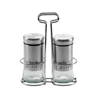 Conjunto Saleiro e Pimenteiro com Suporte Galheteiro para Servir