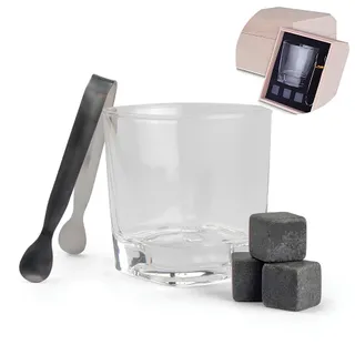 Kit Copo para Whisky + Pegador de Gelo + 3 Cubos de Pedra-sabão e Caixa de Madeira