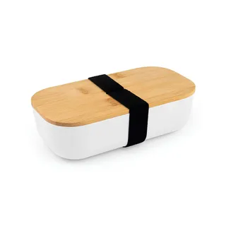 Lancheira Plástica 700ml com Tampa de Bambu com Elástico Branca