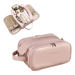 Bolsa de Maquiagem Necessaire para Viagem Grande Rosa com Forro e Zíper Duplo