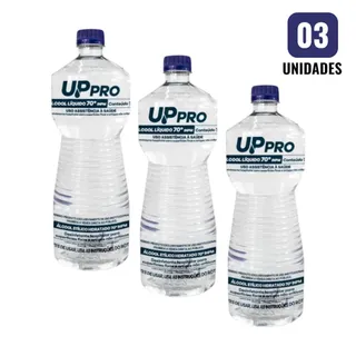 Kit 3 Álcool Líquido 70% 1L UPPRO – Desinfetante Hospitalar Antisséptico Multiuso