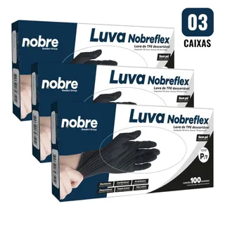 Kit 3 Caixas com 100 Luvas TPE sem Pó Descartável P Preta Nobre Nobreflex para Alimentos