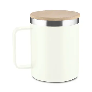 Caneca Térmica 400ml Parede Dupla com Tampa de Bambu Branca
