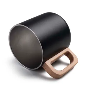 Caneca Térmica 400ml Parede Dupla com Alça de Bambu Preta