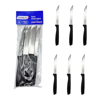 Kit 6 Peças Faca de Mesa/Churrasco Cabene Cabo Plástico Preto