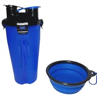 Garrafa Dupla Porta Ração e Água Pets com Pote Retrátil Azul