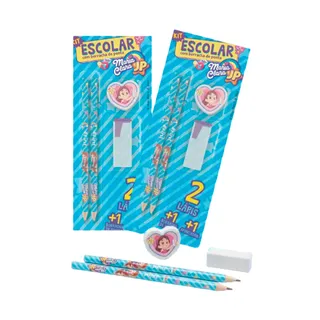 Kit Escolar Maria Clara e JP 2 Lápis, Borracha e Apontador