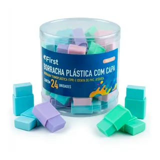 Pote com 24 Unidades de Borrachas com Capas Plásticas Pequenas Coloridas