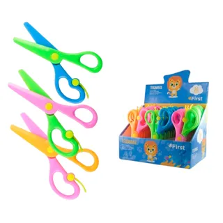 Caixa com 24 Tesouras Escolares 13cm Pontas Redondas sem Lâminas Metálicas