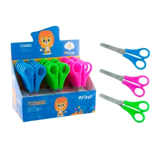 Caixa com 24 Tesouras Escolares Inox 13cm Cabos Coloridos sem Pontas