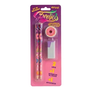 Kit Escolar com 2 Lápis, Apontador e Borracha Sweeties