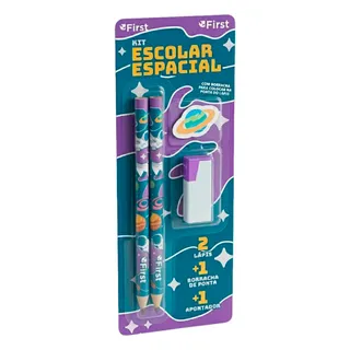 Kit Escolar com 2 Lápis, Apontador e Borracha Tema Espacial