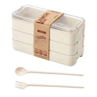 Marmita 3 Compartimentos c/ Talheres Kamibox Prática Fit Bege