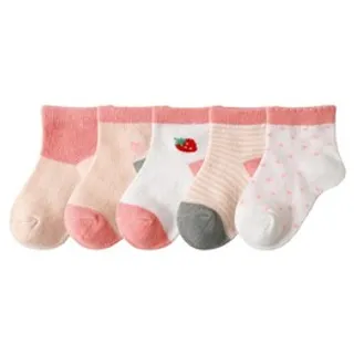 Meias Listradas Respiráveis 5 Pares Infantis Morango Rosa M (1-3 anos) (Venda Exclusiva)