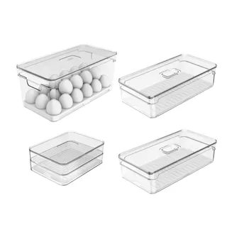 Kit 4 Organizadores De Geladeira Clear Fresh: Porta Ovos 36un, Porta Frios e 2 Potes