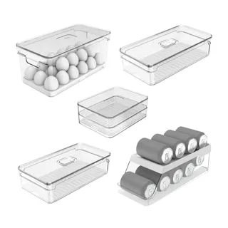 Kit 5 Organizadores De Geladeira: Porta Ovos, Porta Frios, 2 Potes e Porta Latas
